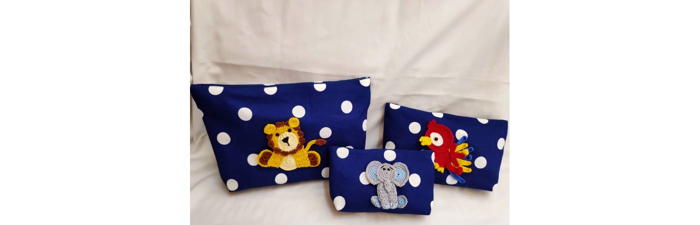 Happy Threads Cotton Storage Pouch with Hand Made Crochet Animals (Dark Blue) Comes in Set of 3